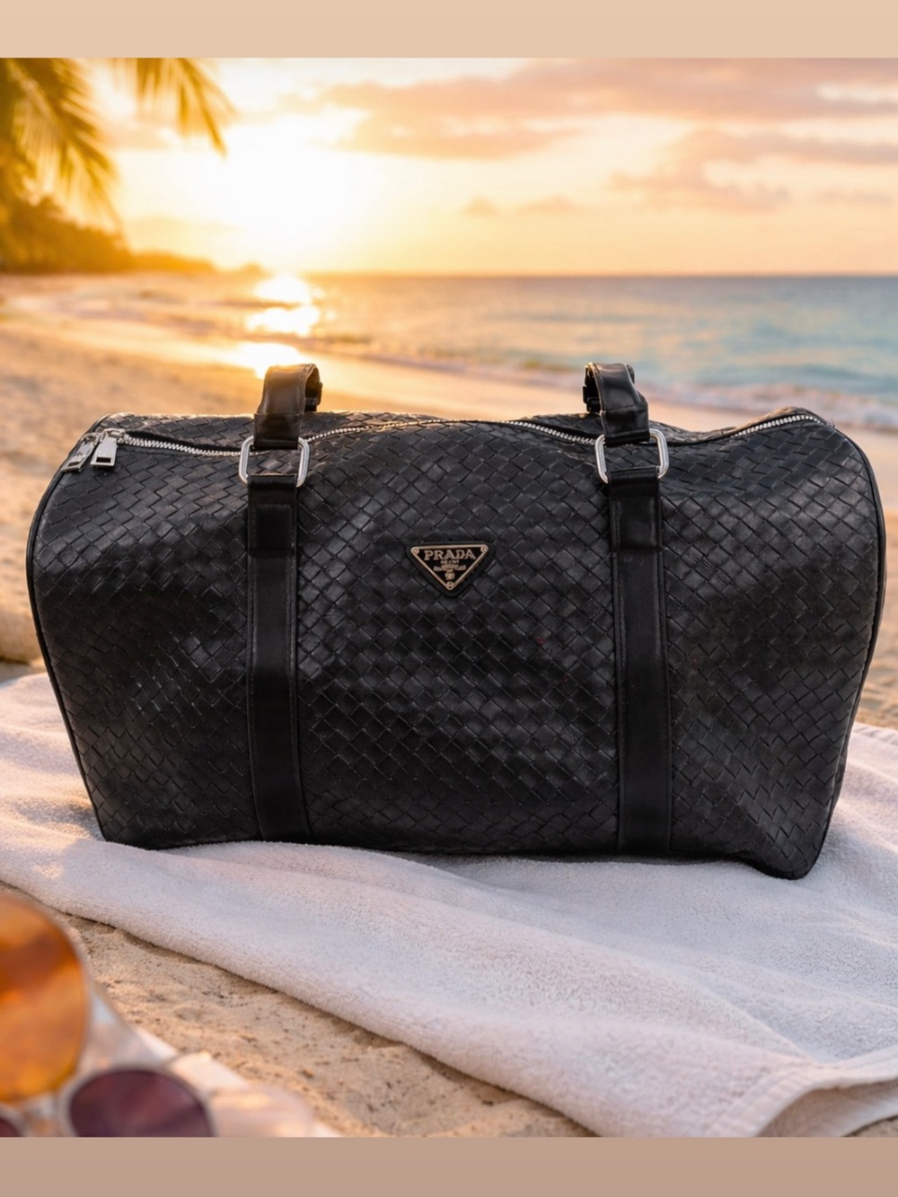 Black Woven Leather Duffel Bag